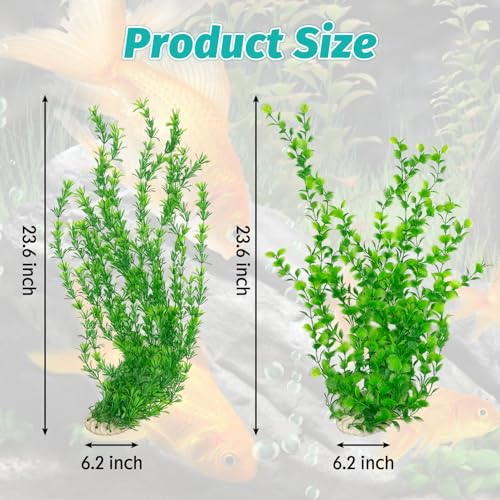 23" Tall Aquarium Plastic Plants - 2 Pack Soft Fish Tank Decor, Artificial Green Grass Cluster for Aquariums, Safe Bendable Underwater Plants（Green Style B）