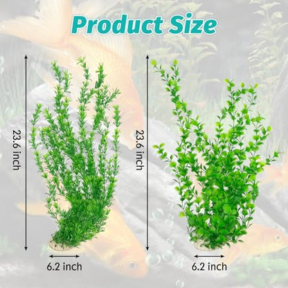 23" Tall Aquarium Plastic Plants - 2 Pack Soft Fish Tank Decor, Artificial Green Grass Cluster for Aquariums, Safe Bendable Underwater Plants（Green Style B）
