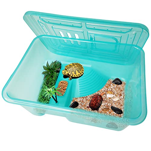 Fhiny Turtle Tank with Lid, Plastic Reptile Terrarium Turtle Breeding Box with Basking Platform Tortoise Aquarium for Crayfish Hermit Crabs Geckos Lizards Habitat Prevent Escaping (Medium)