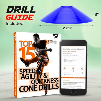 Pro Disc Cones (Set of 50) - Agility Soccer Cones with Carry Bag and Holder for Sports Training, Football, Basketball, Coaching, Practice Equipment, Kids - Includes 15 Best Cone Drills Book - color: Orange and Yellow