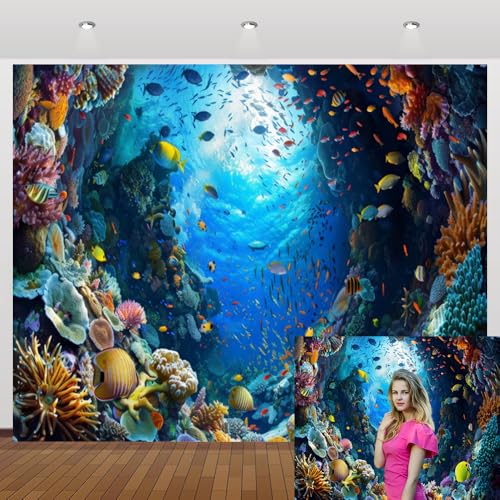 Under The Sea Backdrop 10x8ft Blue Ocean Underwater World Photo Backdrop Tropical Fish Coral Reef Banner for Kids Birthday Theme Party Portrait Decoration Photo Booth Studio Prop - color: Ocean-5