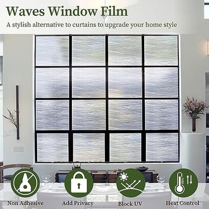 Clear Water Privacy Film, Non-Adhesive Cling, Decorative Sticker, Covering Translucent Glass Film for Window Door Anti-UV 17.3x118 Inches