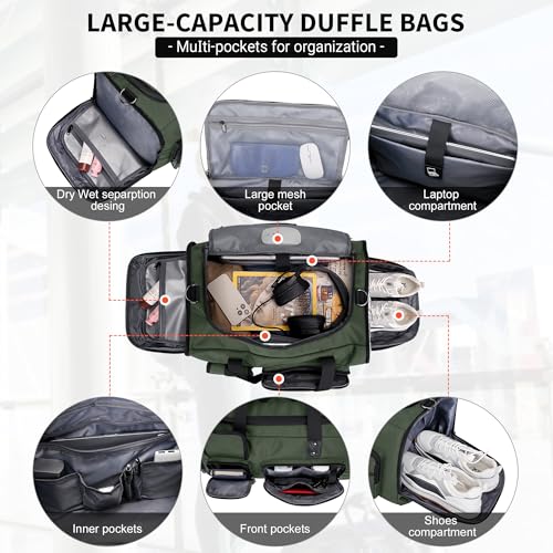 WITZMAN Duffle Bag for Men 3 in 1 Convertible 40L Nylon Gym Travel Backpack | Multi-pockets with Shoe Compartment and Dry-wet Pocket, One Duffel Bag for Sports, Weekender, Overnight, B693 Army Green - color: Army Green