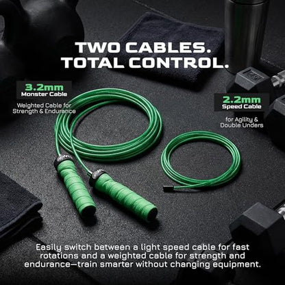 WOD Nation Attack Speed Jump Rope Adjustable Dual-Cable Skipping Rope for Men, Speed & Weighted Options, Fast Fold-Over Adjustment Durable Adult Boxing Rope for Fitness, Cardio Home Gym & Cross Training - color: Green
