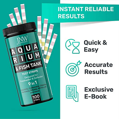 Aquarium Test Strips - 9-in-1 Aquarium Test Kit with eBook - Aquarium Water Test Kit with Quick and Accurate Fish Tank Test Strips - 100 Test Strips by JNW Direct