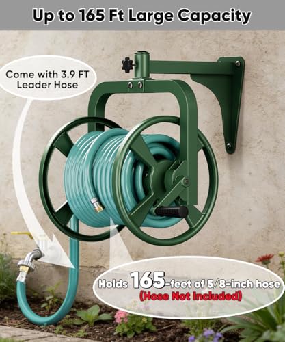 Rotating 360° Garden Hose Reel, Wall Mounted Hose Reel Holder Holds 165ft of 5/8'' Hose, Outdoor Heavy Duty Metal Water Hose Organizer Storage Rack with 3.9ft Leader Hose for Outside, Green