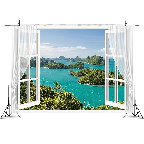 6x4ft Window Scenery Backdrop Ocean View Natural Scenery Photography Background Holiday Home Decor Photo Booth Props - size: 6x4ft