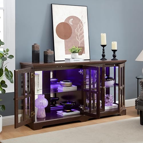 Cherry Finish Antique Display Cabinet with LED Lights, 4 Glass Doors & Adjustable Shelves for Collectibles, Home or Office Showcase
