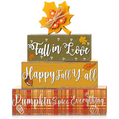 4 Pcs Thanksgiving Decorations Fall Wooden Sign Maple Leaves Thanksgiving Pumpkin Table Centerpiece Tiered Tray Decor Fall Wood Blocks Tiered Tray Decor Table Top Sign for Home - style: Maple Leaves