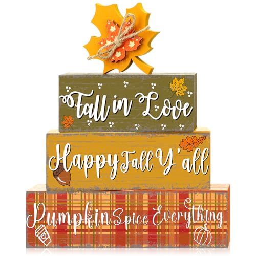 4 Pcs Thanksgiving Decorations Fall Wooden Sign Maple Leaves Thanksgiving Pumpkin Table Centerpiece Tiered Tray Decor Fall Wood Blocks Tiered Tray Decor Table Top Sign for Home - style: Maple Leaves