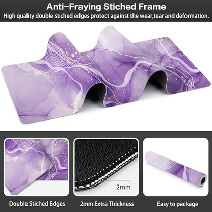 Watercolor Purple Marble Desk Mat,Large Violet Marble Texture Gaming Keyboard Mouse Pad,Non-Slip Rubber Base Desk Pad Thick Stitched Edges Waterproof Mousepad Mouse Mat 31.5"x11.8" - color: Watercolor Purple Marble