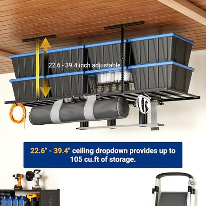 FLEXIMOUNTS 4x8 Overhead Garage Ceiling Storage Rack with 6 Hooks, Black | 750lbs Capacity, 22.6"–39.4" Adjustable Dropdown, Heavy-Duty Metal Ceiling Racks, Storage Organization System, Lite Series - color: Black