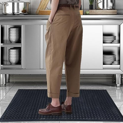 2 Pack Rubber Floor Mat, 36"x60" Anti-Fatigue Door Mat w/Holes for Restaurant, Kitchen, Bar, Indoor/Outdoor, Black