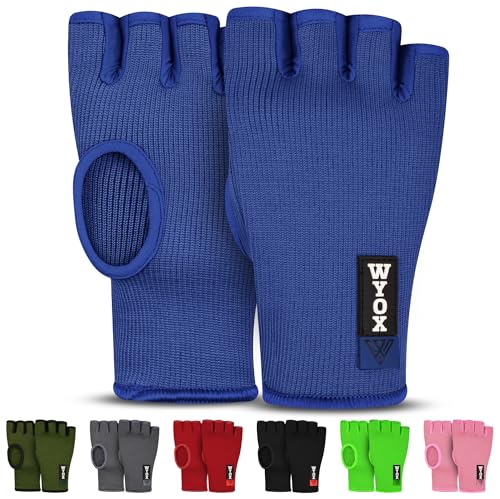 WYOX Inner Glove Hand Wraps for Boxing & Kickboxing — Elasticated Wrist Support, Knuckle Protection for Muay Thai, MMA, Heavy Bag Training (Men & Women) - color: Blue, size: L/XL (8 - 9 in)