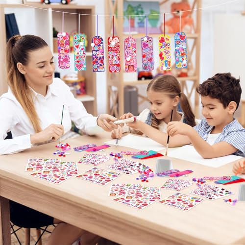 Frienda 48 Sets Valentine DIY Bookmarks Craft Kit Valentine Decorations Art Sets Blank Foam with Smile Face Hearts Owl Alphabets Stickers Pom-poms for Activity Reading Gift Exchange - style: Sweet