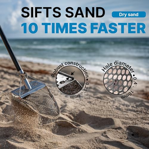 Sand Scoops for Beach Metal Detecting Stainless Steel Beach Metal Detecting Shovel Underwater Treasure Hunting, Metal Detector Accessories(Bag + Scoop + Carbon Fiber Handle), (11x8 + Handle) - size: 11 x 8 in + Handle