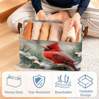Red Cardinal Storage Baskets,Snow Winter Foldable Organizer Bin with Handles for Home Living Room Bedroom Closet Box 17x11.5x10Inch - color: Red Cardinal Snow Winter