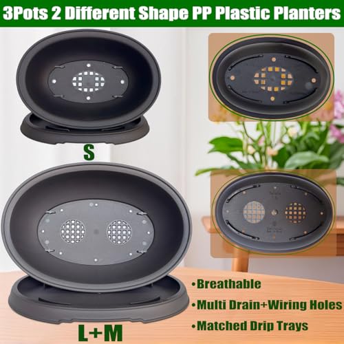 3 Pack Mixed Size Oval Bonsai Planter Pot with Drainage Tray, Matte Finish Ellipse Plastic Bonsai Succulent Growing Pot for Home Garden Plant Container 9.1” 7.2” 5.2” - size: 5.2" / 7.2" / 9.1" Mixed