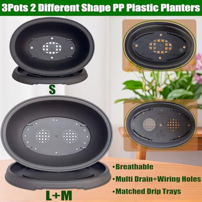 3 Pack Mixed Size Oval Bonsai Planter Pot with Drainage Tray, Matte Finish Ellipse Plastic Bonsai Succulent Growing Pot for Home Garden Plant Container 9.1” 7.2” 5.2” - size: 5.2" / 7.2" / 9.1" Mixed