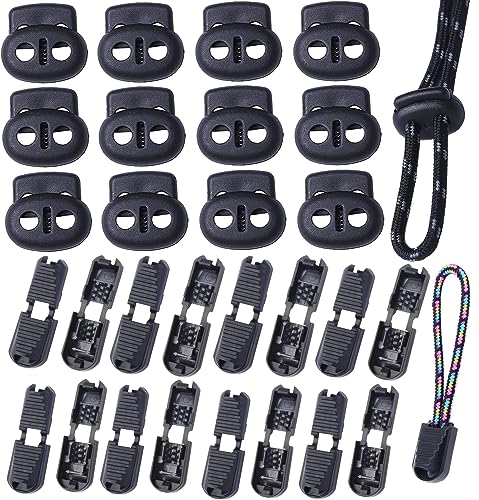 Anprola 50Pcs Plastic Cord Locks with 50Pcs Zipper Pull Tabs Cords Ends Tips Double Hole Spring Toggle Stoppers Fastener for Shoelaces, Drawstrings, Paracord, Bags, Clothing