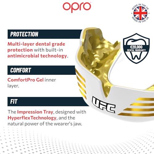 OPRO Instant Custom Fit UFC Moldable Mouth Guard, Dentist Level, Gold/White