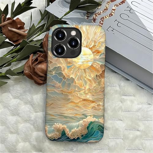 ZHEGAILIAN Case for iPhone 16 Pro Max,Ocean Waves Sun Rays Stained Glass for 2 in 1 Hard Shell + Soft Silicone,Shockproof Bumper Drop Protective Case for iPhone 16 Pro Max