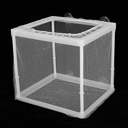 Fish Breeder Box Aquarium Incubator Transparent Plastic Isolation Tank for Newborn Fry Protection 15.7x14x14.9cm with 4 Suction Cups Mesh Net and Stand Columns