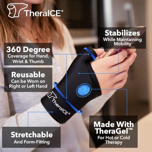 TheraICE Wrist Ice Pack Wrap Thumb Brace for Either Hand for Hot & Cold Therapy - Reusable Soft Gel Glove for Injuries, Carpal Tunnel, Arthritis, De Quervain's Tenosynovitis - Fits Most Women - S/M | S/M Fits Most Women Cold Therapy Reusable Soft Gel Glov