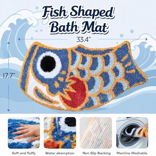 Cute Fish Bath Mat For Bathroom, Japanese Koi Flag Soft Water Absorbent, Non-Slip, Machine Washable (Blue)