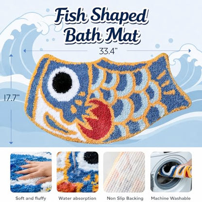 Cute Fish Bath Mat For Bathroom, Japanese Koi Flag Soft Water Absorbent, Non-Slip, Machine Washable (Blue)