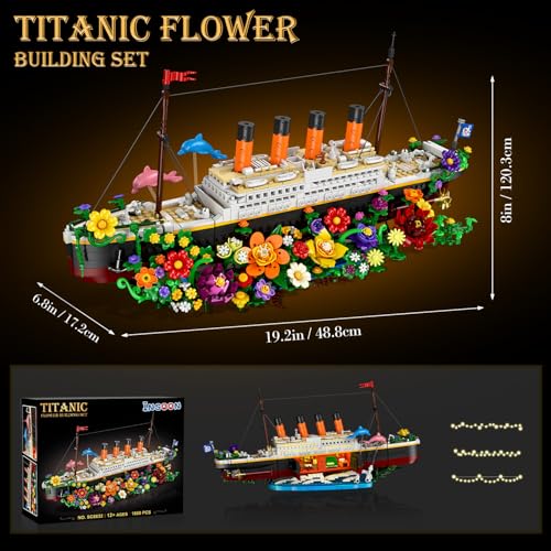 INSOON Botanical Titanic Ship Building Set with Lights, 1860 PCS Floral Display Model, Home Decor Building Kit for Adults, Unique Gift for Women, Flower and Titanic Lovers
