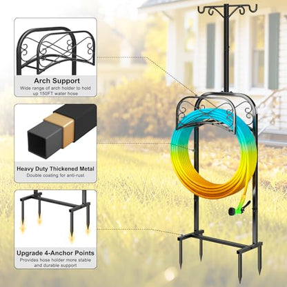 Garden Hose Holder for Outside 70" with 4 Prongs Base & 2 Shepherds Hooks Heavy Duty Freestanding Metal Water Hose Holder Stand Holds Up to 150FT Hose & 44LB Detachable Hose Storage for Yard