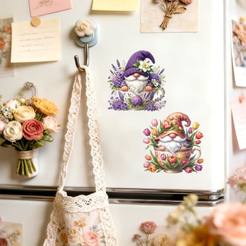 Peacoblue 18 Sheets Rub on Transfers for Crafts, Gnome with Flowers and Teacup 3.6"x3.9" UV DTF Cup Wraps Waterproof Cold Transfers Stickers for Wood Glass Metal Cup Tumblers Mirrors Mugs Home Decor - style: Gnome with Flowers and Teacup