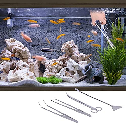 4 in 1 Aquarium Tool Set, Curved Tweezers, Scissors, Aquatic Spatula, Aluminum Alloy, Non Damaging, Ideal for Aquascaping, Plant Care, Fishkeepers