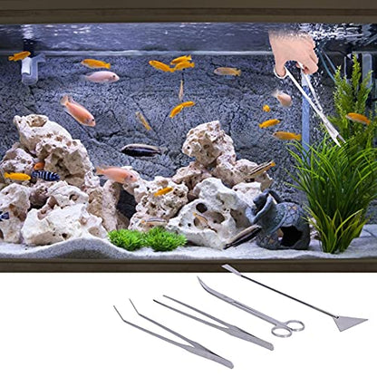 4 in 1 Aquarium Tool Set, Curved Tweezers, Scissors, Aquatic Spatula, Aluminum Alloy, Non Damaging, Ideal for Aquascaping, Plant Care, Fishkeepers