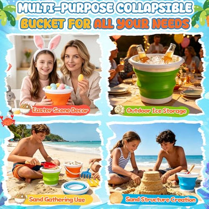 Gardening Tools Set Foldable Beach Bucket with Metal Shovels for Adults, Collapsible Pails Sand Bucket for Basket Camping Gardening Fishing, Essential Travel Gadget 6PCS