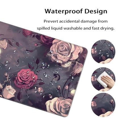 35.4 x 15.7 in, XXL Large Mouse Pad for Desk, Extended Keyboard Mouse Mat for Computer Office, Big Mouse pad with Stitched Edges, Gaming Pc-Skull red Pink Rose Butterfly - color: Skull red Pink Rose Butterfly