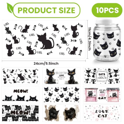 Arricraft 10 Sheets Black Cat UV DTF Cup Wrap for 16OZ Glass, You Need is Love and a Cat Rub on Decals Cartoon Animal Transfer Stickers for DIY Bottles Food Container Women