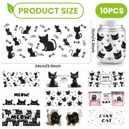Arricraft 10 Sheets Black Cat UV DTF Cup Wrap for 16OZ Glass, You Need is Love and a Cat Rub on Decals Cartoon Animal Transfer Stickers for DIY Bottles Food Container Women