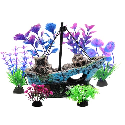 Aquarium Decoration Kit, Resin Shipwreck Ornament with 6 Artificial Aquatic Plants, Fish Tank Decor Set