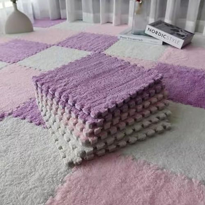 12pcs Plush Puzzle Foam Floor Mat (Pink&White&Light Purple) - color: Pink&white&light Purple