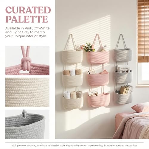 Hanging Basket, Over Door Organizer, 3 -Tier Wall Basket with Hooks | Pink Adjustable Height Cotton Wall Organizer Boho Basket for Nursery Bathroom Living Room Bedroom Kitchen Small Apartment - style: Pink