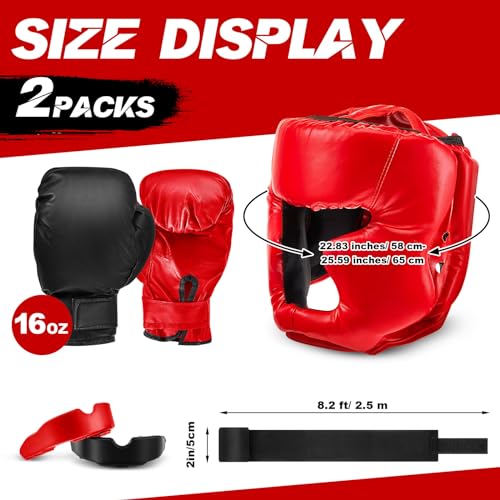 Kanayu 14 Pcs Boxing Gloves and Headgear Set for Beginners Youth 16 Ounce Boxing Gloves Headgear Helmet Hand Wraps Mouth Guards Equipment for Beginners Training Equipment Gifts - color: Black, Red