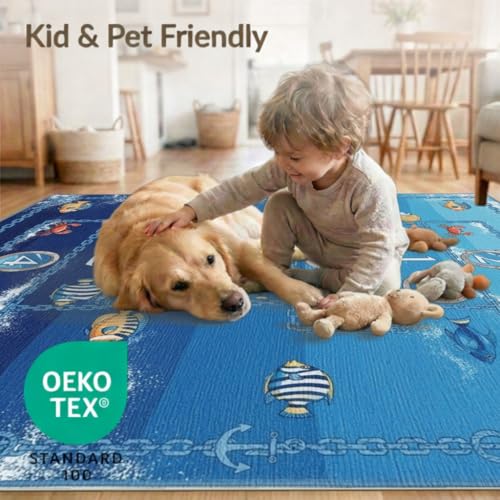 9'x12' Washable Graphic Fish Oversized Rug, Blue Non-Shedding Pet Friendly Carpet Foldable Easy Care Mat for Master Suite, California King, Under Bed | Ref:2049617
