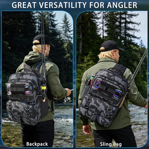 Fishing Backpack with Tackle Boxes,Fishing Sling Tackle Bag with Rod Holder Waterproof Fishing Bag with Fishing Gear, Fishing Gifts for Men Women Gear Combo Kit,Camouflage Black - color: Camouflage Black