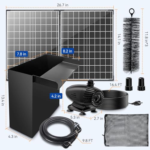 55W Solar Pond Waterfall Box with Fountain Pump, 304 Stainless Steel Pond Waterfall Spillway, Pond Spillway with 9.8FT PU Corrugated Tubing for Garden Waterfall,Water Features-P5552H