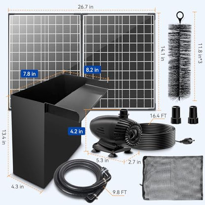 55W Solar Pond Waterfall Box with Fountain Pump, 304 Stainless Steel Pond Waterfall Spillway, Pond Spillway with 9.8FT PU Corrugated Tubing for Garden Waterfall,Water Features-P5552H