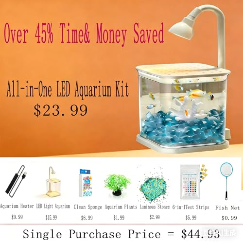 Betta Isolation & Breeding Starter Kit - 0.6Gallon Small Desktop Aquarium with LED Light, Heater, Clean Sponge, Plants, Luminous Stones, 6-in-1 Test Strips - for Betta Fish, Small Fish, Shrimp