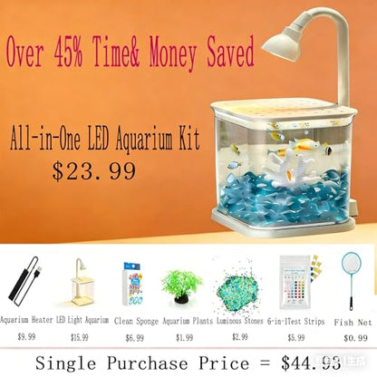 Betta Isolation & Breeding Starter Kit - 0.6Gallon Small Desktop Aquarium with LED Light, Heater, Clean Sponge, Plants, Luminous Stones, 6-in-1 Test Strips - for Betta Fish, Small Fish, Shrimp
