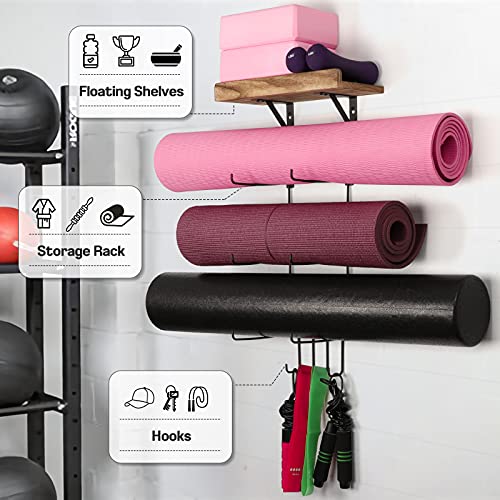 2 PACK Yoga Mat Holder Wall Mount Yoga Mat Storage Shelf Rack Home Gym Accessories with Wood Floating Shelves and 4 Hooks for Hanging Foam Roller and Resistance Bands Home Gym Carbonized Black - color: 2 Pack Carbonized Black